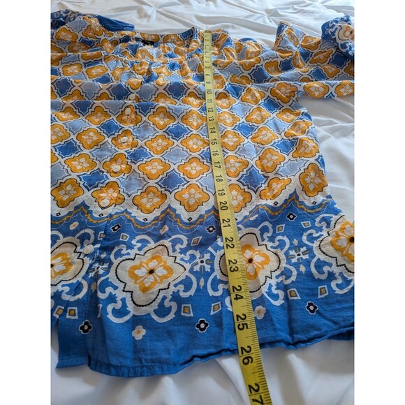 Ann Taylor Factory Blouse Womens L Blue Yellow Tile Floral Boho Hippie Top Tunic - Picture 12 of 12
